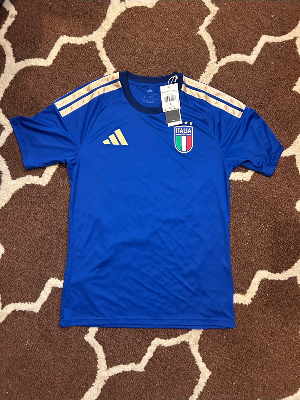 adidas Italy Blue Soccer Jersey with Gold Stripes